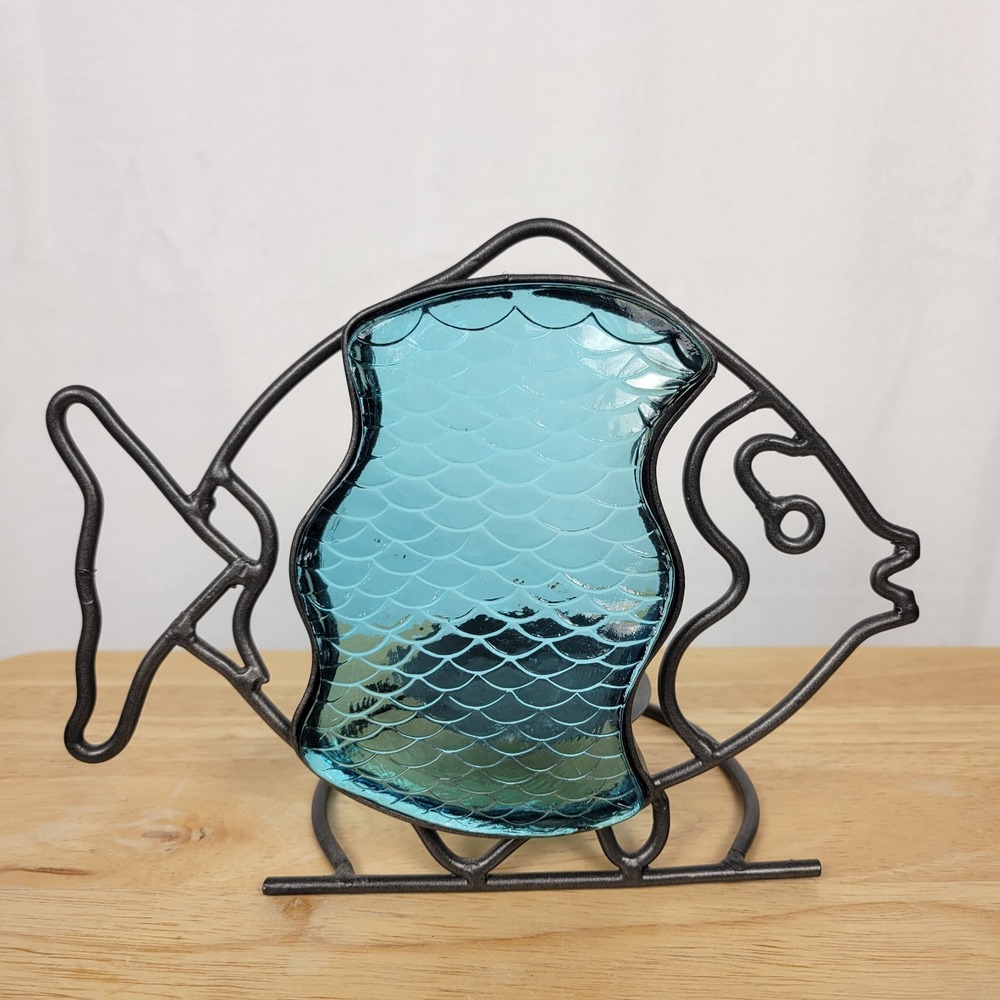 Blue Glass Fish Candle Holder 9" Metal Coastal Nautical Tealight Beach Decor